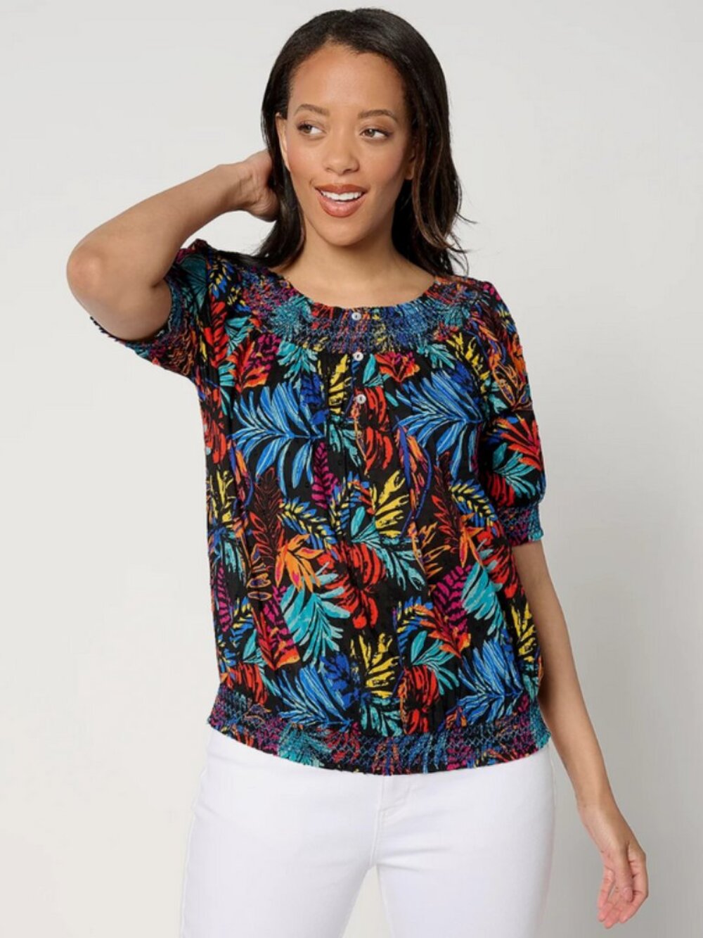 Destination 365 Printed Clip Jacquard Top with Smocked Detail Palm Size XXS